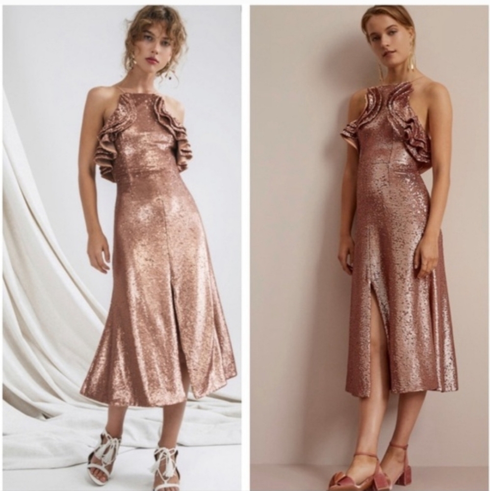 C/MEO Collective Rose Gold Sequin Midi Dress Ruffle Slit Size L Formal Prom